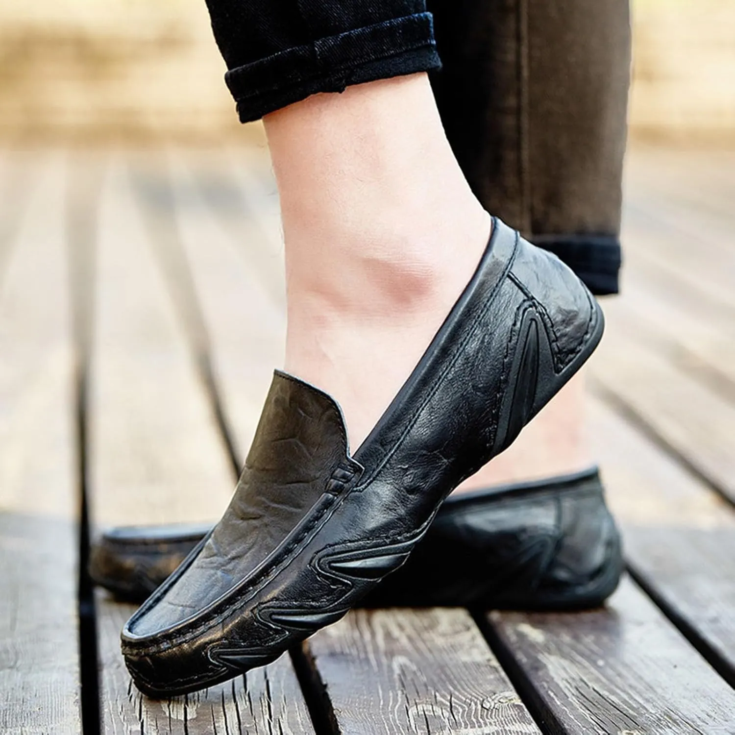 Men's Fashion Leather Soft Flat Loafers Comfortable Casual Soft Sole Non-Slip Driving Walking Shoes