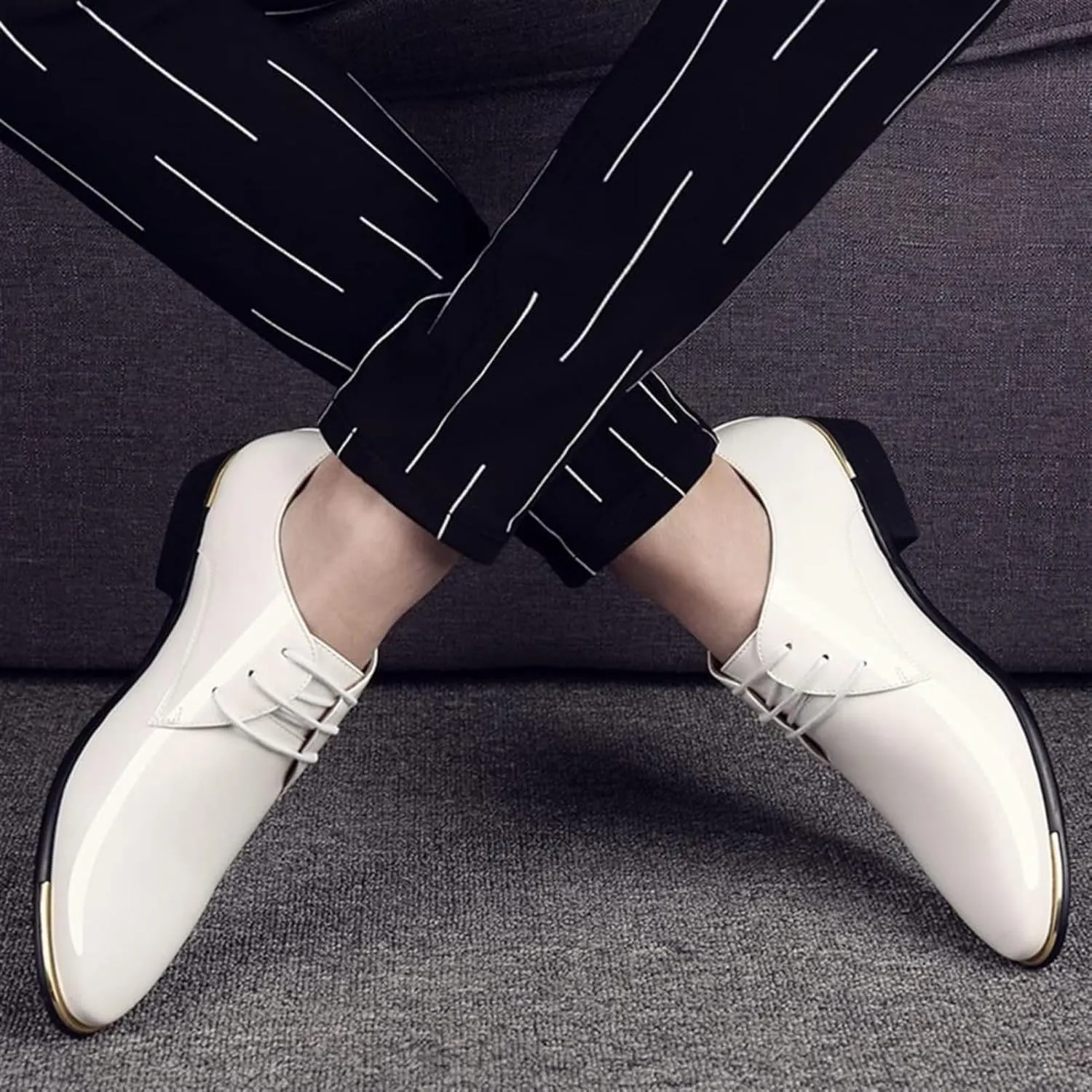 Men's Faux Patent Leather Tuxedo Dress Shoes Lace-Up Comfortable Non-Slip Dress Sneakers Office Work Low Top Dress Shoes