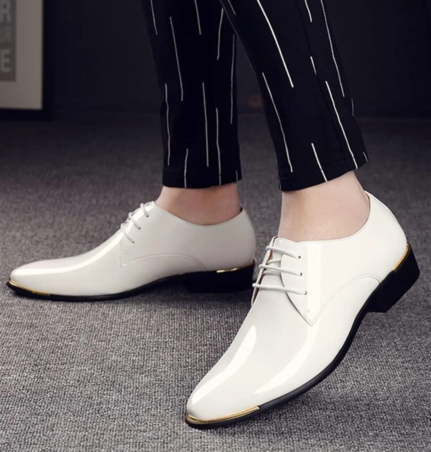Men's Faux Patent Leather Tuxedo Dress Shoes Lace-Up Comfortable Non-Slip Dress Sneakers Office Work Low Top Dress Shoes