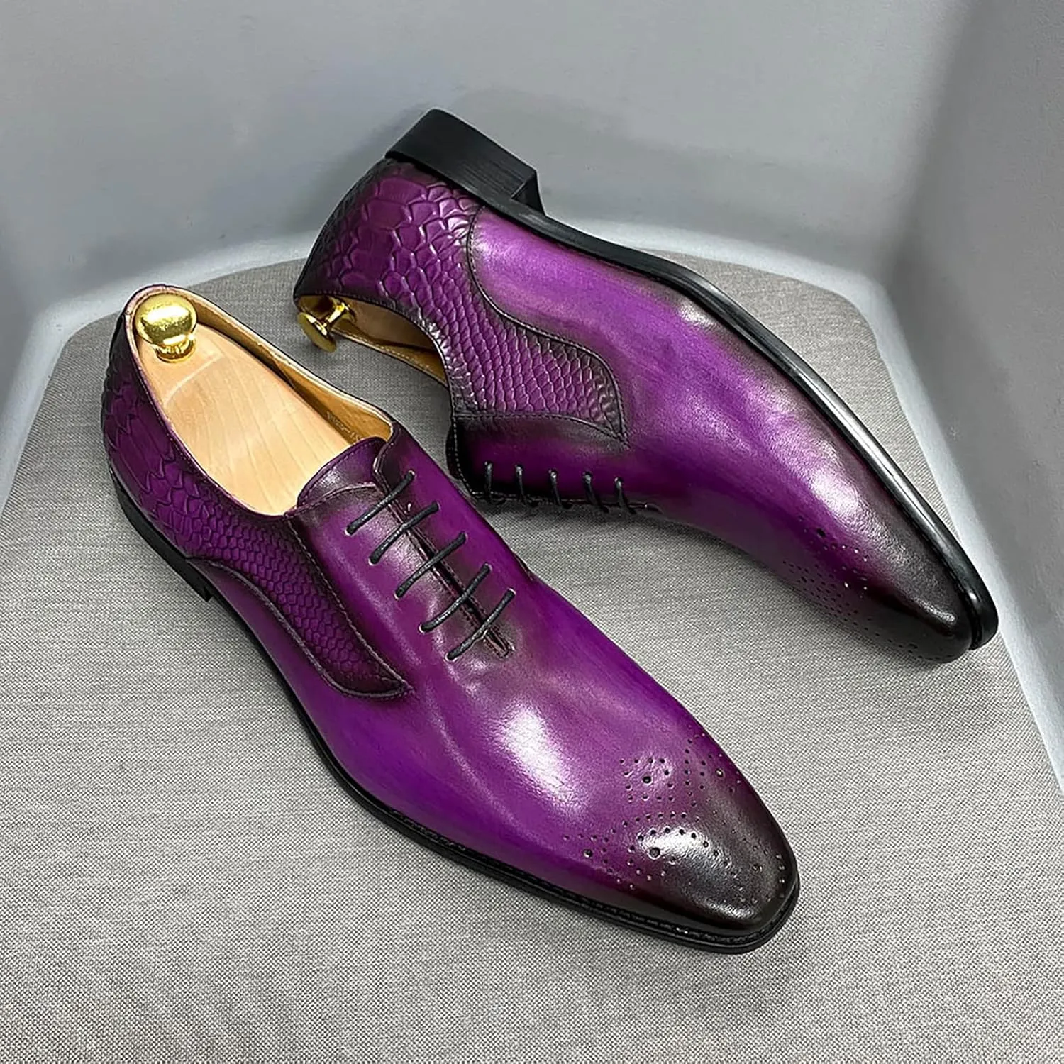 Mens Formal Dress Leather Lace-up Brogues Work Uniform Oxfords Wedding Party Derbys Breathable,Purple-44