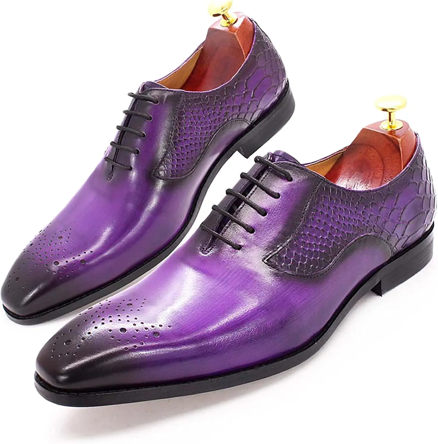 Mens Formal Dress Leather Lace-up Brogues Work Uniform Oxfords Wedding Party Derbys Breathable,Purple-44
