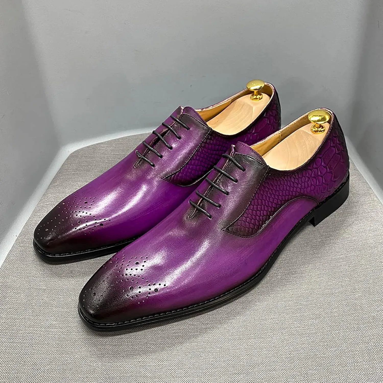 Mens Formal Dress Leather Lace-up Brogues Work Uniform Oxfords Wedding Party Derbys Breathable,Purple-44