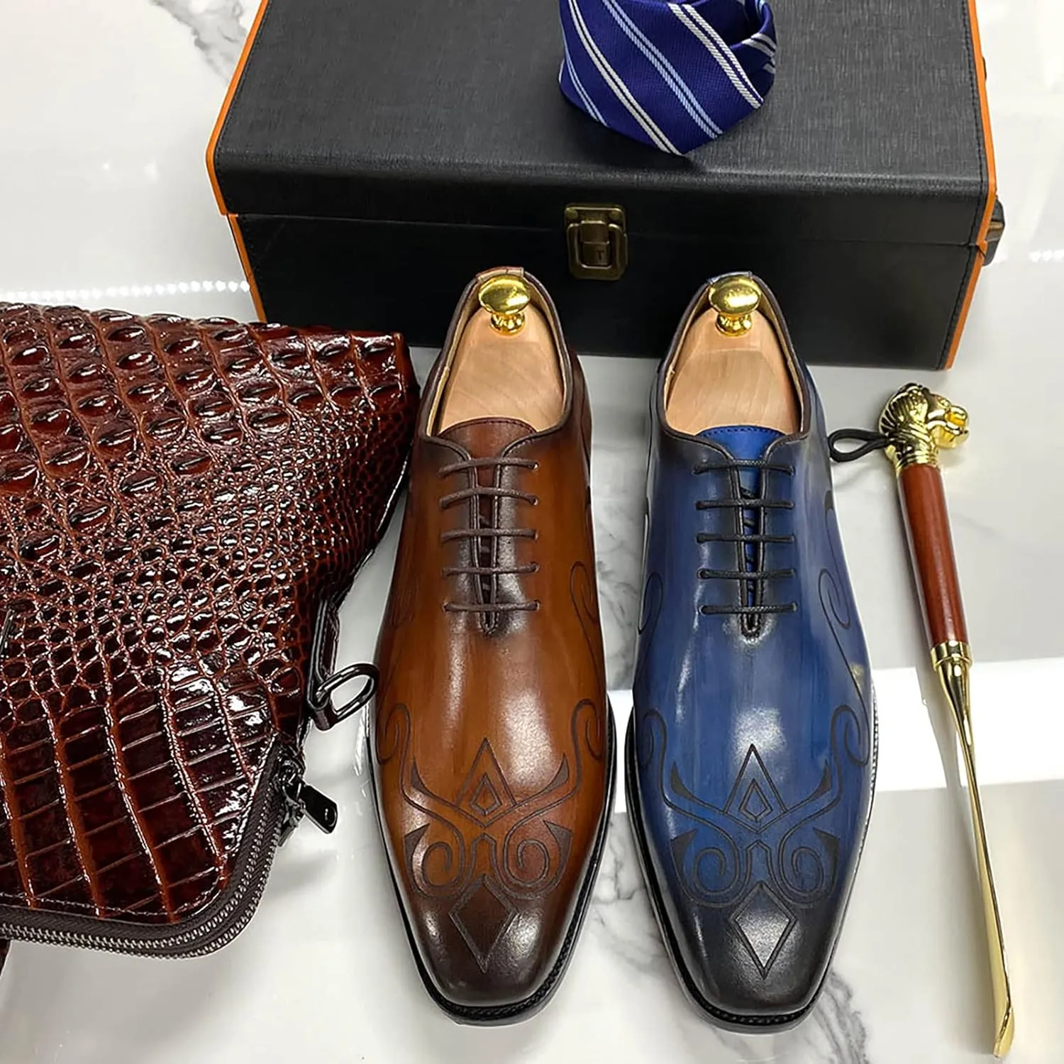 Mens Formal Dress Retro Oxfords Work Uniform Wingtip Leather Lace-ups Wedding Party Brogues Derbys,Blue-47