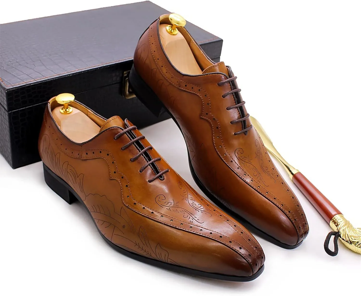 Men's Formal Dress Shoes Breathable Brogues Derbys Classic Oxfords Leather Lace-ups,Brown-46
