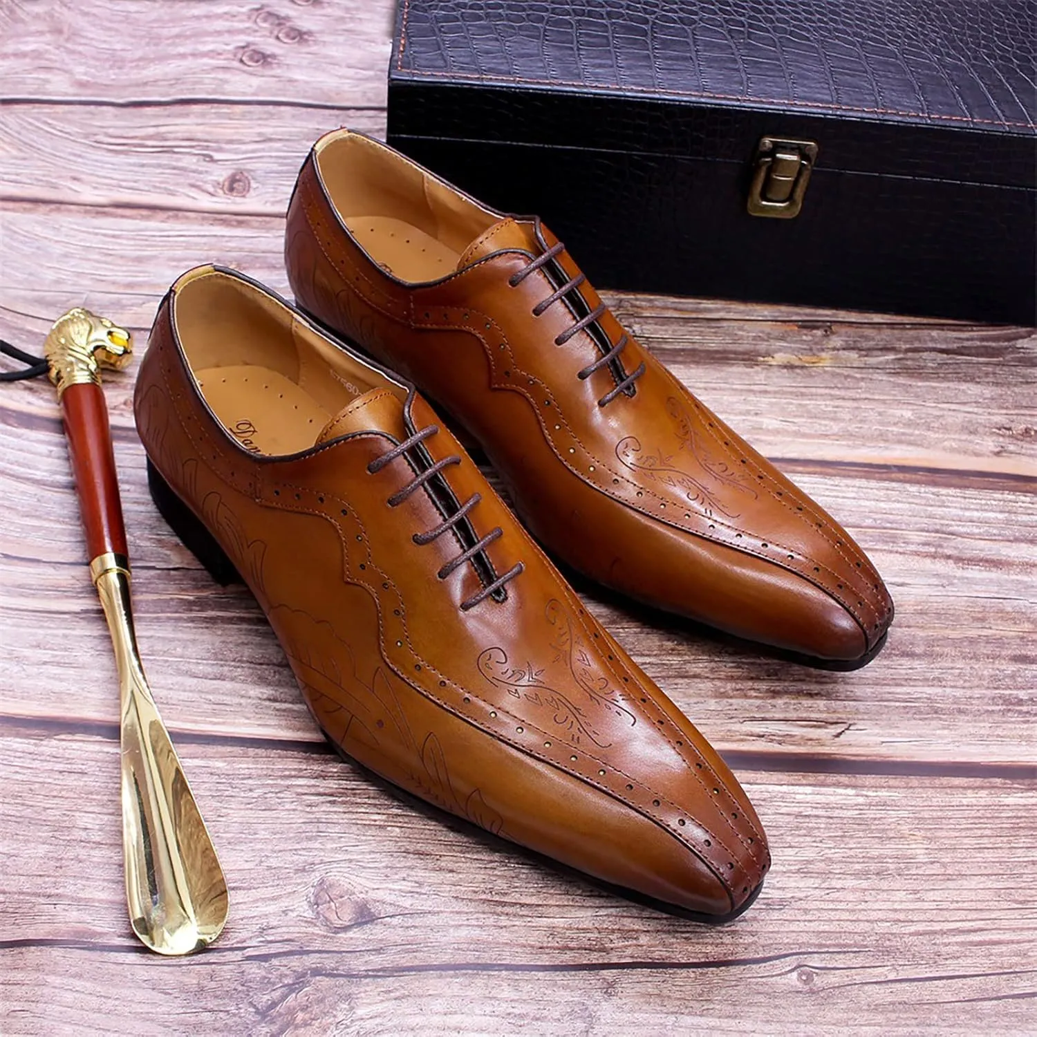 Men's Formal Dress Shoes Breathable Brogues Derbys Classic Oxfords Leather Lace-ups,Brown-46