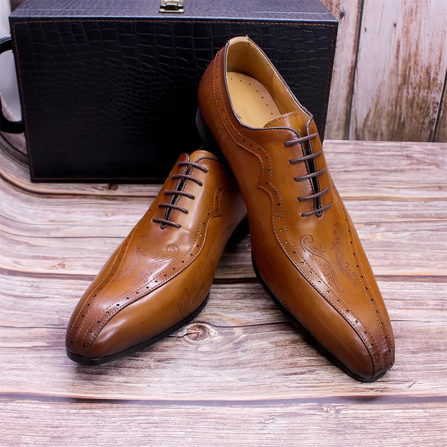 Men's Formal Dress Shoes Breathable Brogues Derbys Classic Oxfords Leather Lace-ups,Brown-46