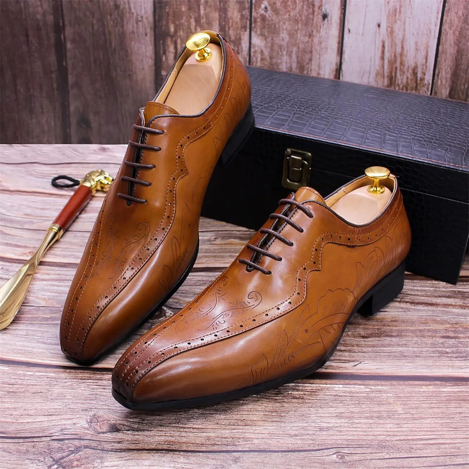 Men's Formal Dress Shoes Breathable Brogues Derbys Classic Oxfords Leather Lace-ups,Brown-46