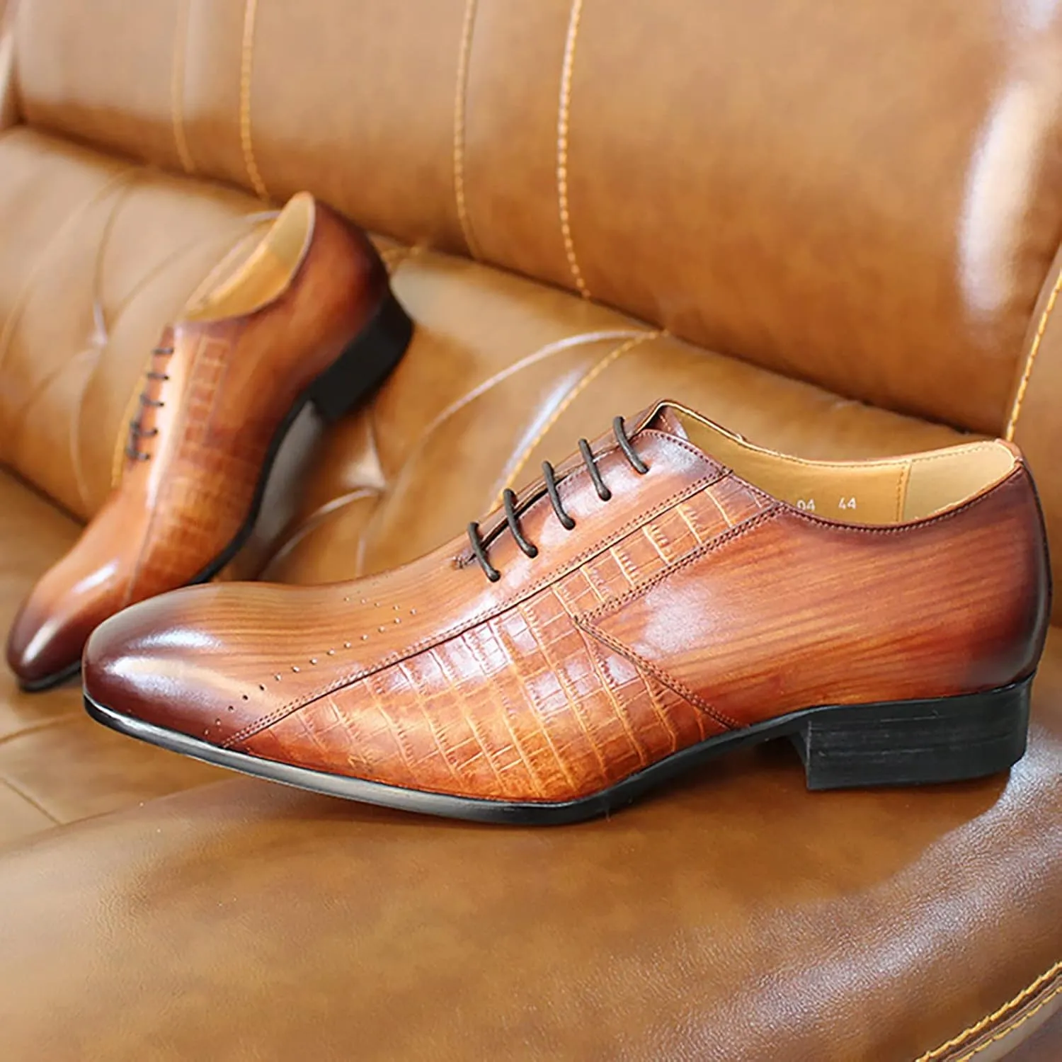 Men's Formal Dress Shoes Classic Oxfords Brogues Derbys Breathable Leather Lace-ups,Brown-40