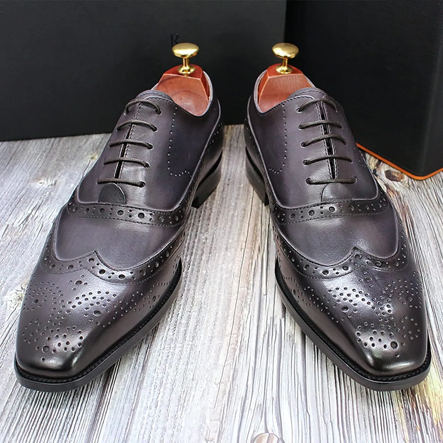 Mens Formal Leather Lace-up Brogues Business Casual Dress Oxfords Wedding Party Derbys Breathable,Grey-43