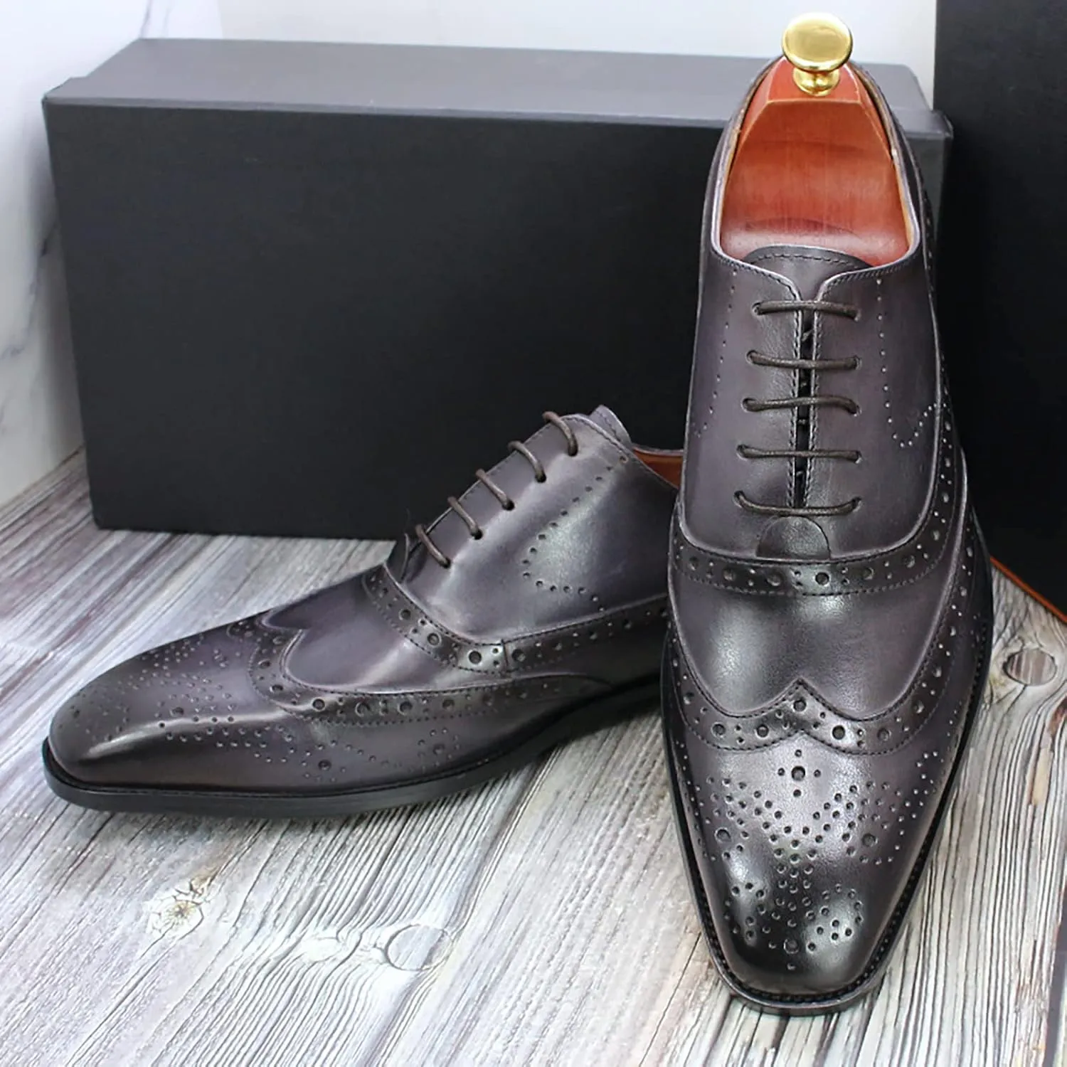 Mens Formal Leather Lace-up Brogues Business Casual Dress Oxfords Wedding Party Derbys Breathable,Grey-43
