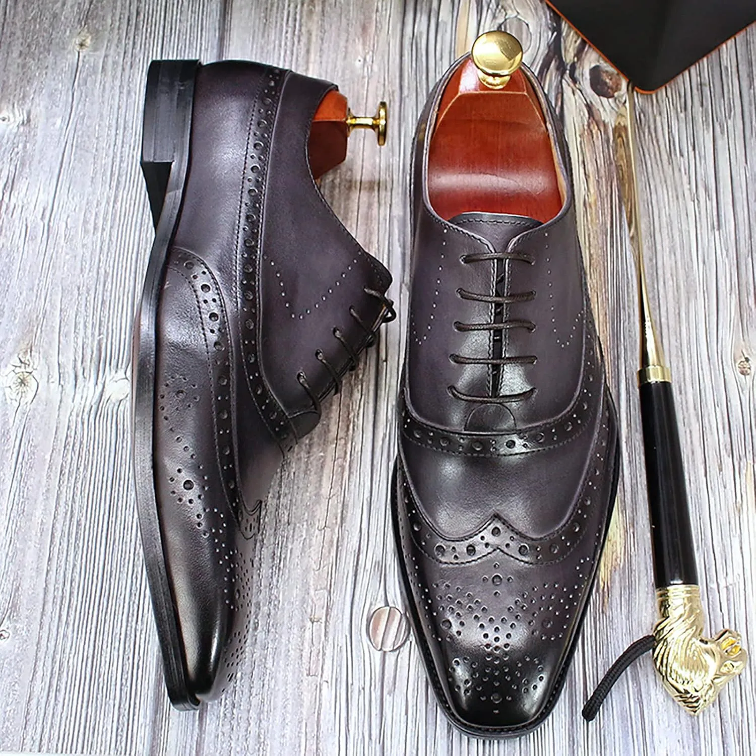 Mens Formal Leather Lace-up Brogues Business Casual Dress Oxfords Wedding Party Derbys Breathable,Grey-43