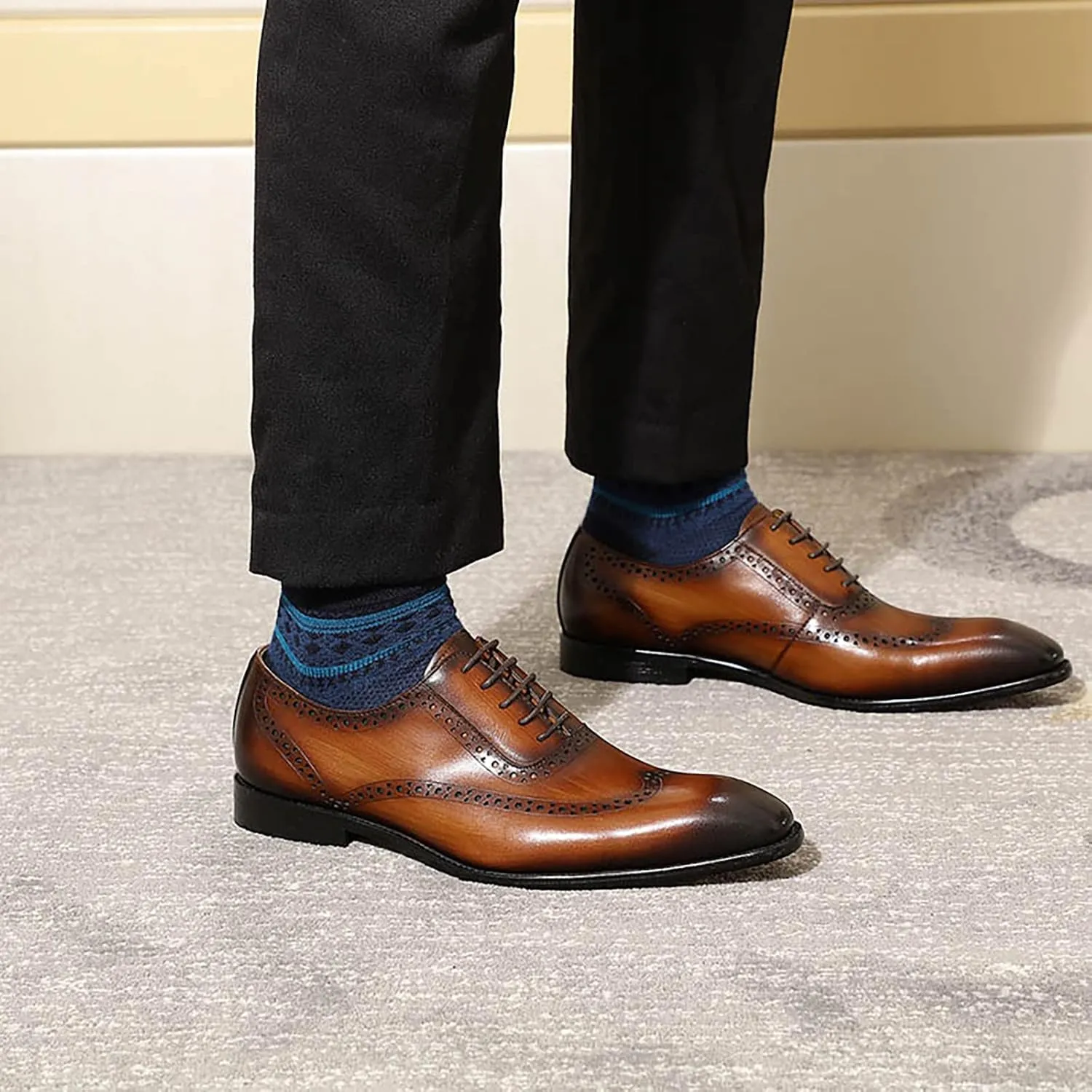 Mens Formal Leather Lace-up Brogues Work Uniform Dress Oxfords Wedding Party Derbys Breathable,Brown-40