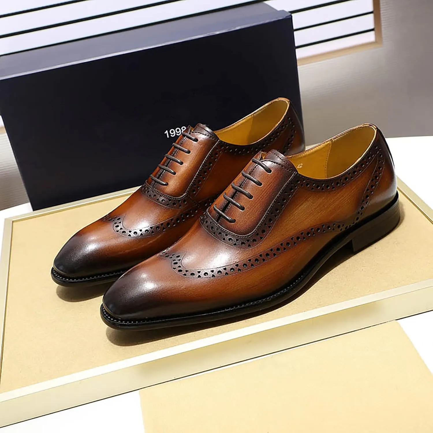 Mens Formal Leather Lace-up Brogues Work Uniform Dress Oxfords Wedding Party Derbys Breathable,Brown-40