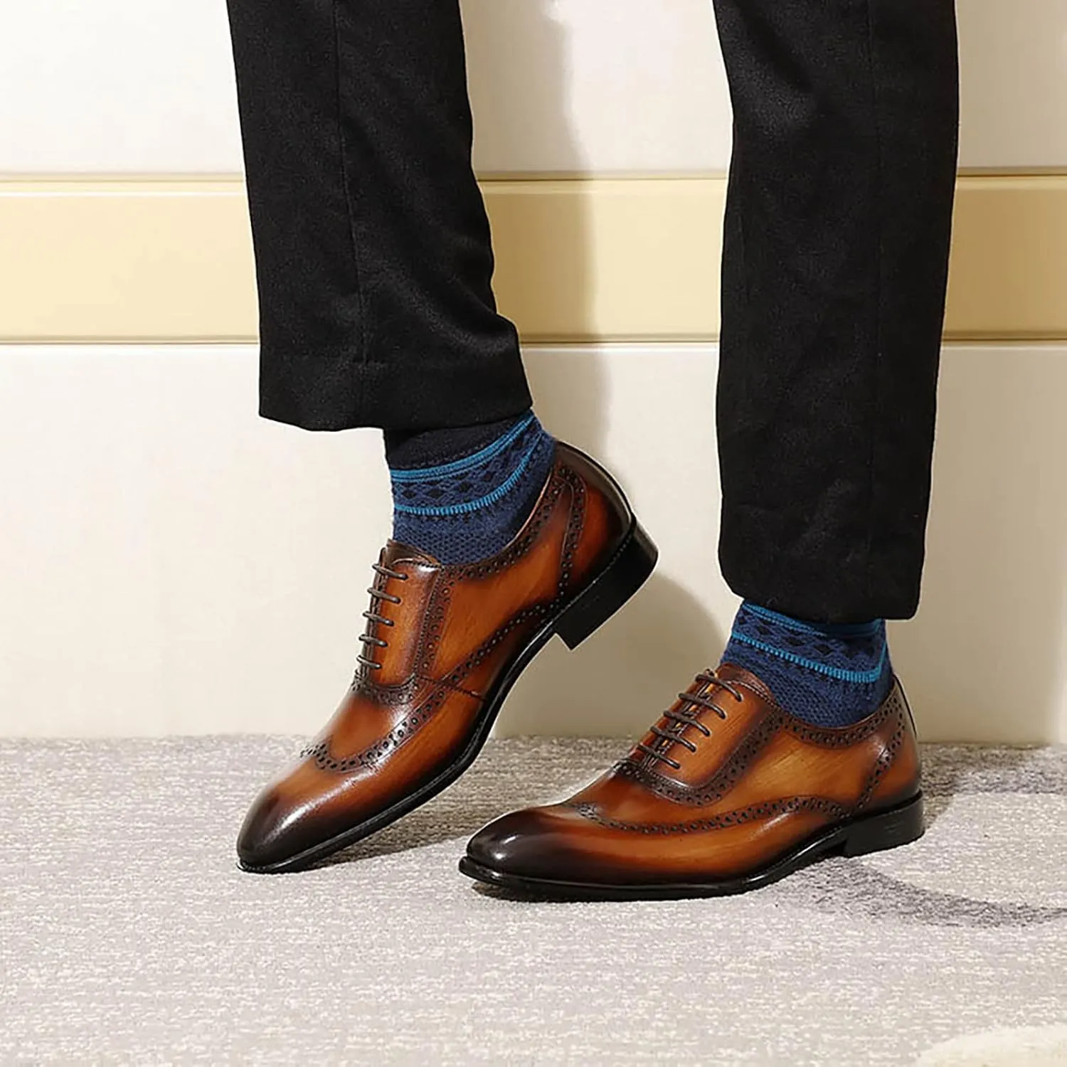 Mens Formal Leather Lace-up Brogues Work Uniform Dress Oxfords Wedding Party Derbys Breathable,Brown-40
