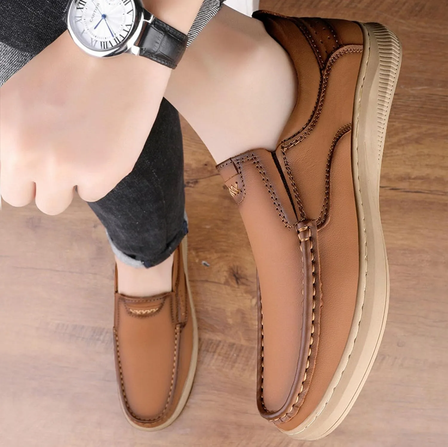 Men's Formal Leather Soft Soled Driving Loafers Business Comfort Soft Penny Classic Moccasins Hand Stitched Casual Leather Shoes