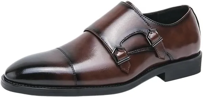 Men's Gentleman Dress Shoes, Single Buckle Oxford Brogues, Slip-On Formal Leather Shoes, Classic Brown Business & Casual Footwear for Men