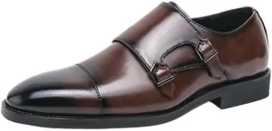 Men's Gentleman Dress Shoes, Single Buckle Oxford Brogues, Slip-On Formal Leather Shoes, Classic Brown Business & Casual Footwear for Men