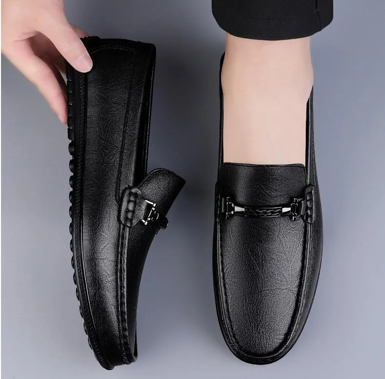 Men's Genuine Leather Slip-On Oxfords Comfort Wide Round Toe Non-Slip Dress Shoes