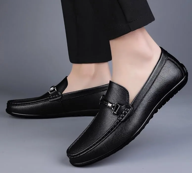 Men's Genuine Leather Slip-On Oxfords Comfort Wide Round Toe Non-Slip Dress Shoes