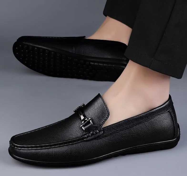 Men's Genuine Leather Slip-On Oxfords Comfort Wide Round Toe Non-Slip Dress Shoes