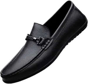 Men's Genuine Leather Slip-On Oxfords Comfort Wide Round Toe Non-Slip Dress Shoes