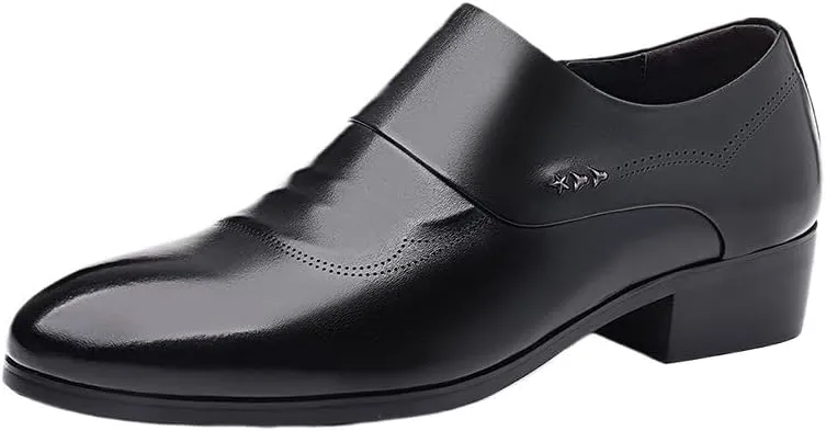Men's Height Increase Formal Leather Shoes, Black Slip-On Loafers, Classic Fashion Pointed Toe High Heels Shoes for Casual, Business, and Wedding Wear