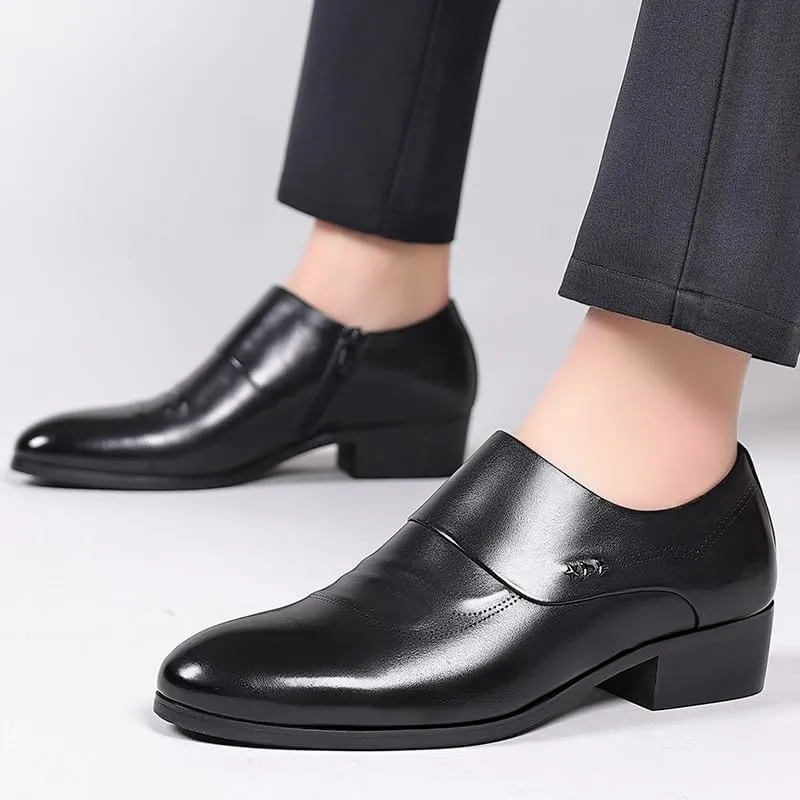 Men's Height Increase Formal Leather Shoes, Black Slip-On Loafers, Classic Fashion Pointed Toe High Heels Shoes for Casual, Business, and Wedding Wear