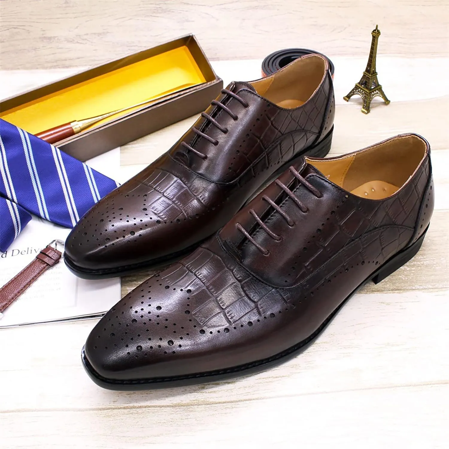 Men's Lace-up Brogues Casual Oxford Shoes Formal Derbys Breathable Leather Dress Shoes,Brown-40