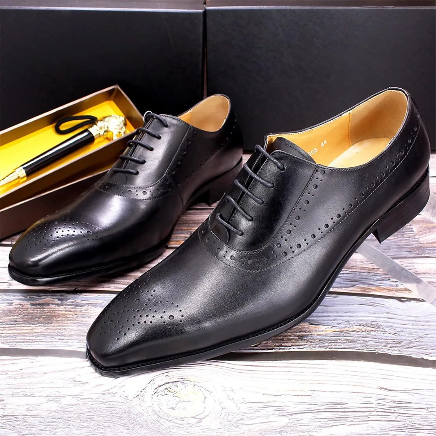 Men's Lace-up Brogues Casual Oxfords Formal Derbys Breathable Leather Dress Shoes,Black-42