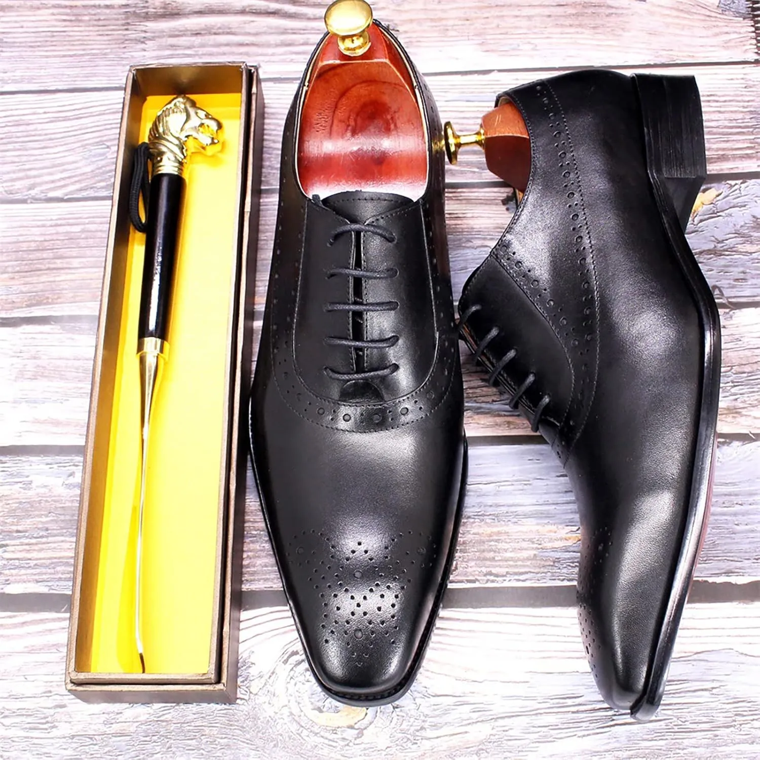 Men's Lace-up Brogues Casual Oxfords Formal Derbys Breathable Leather Dress Shoes,Black-42
