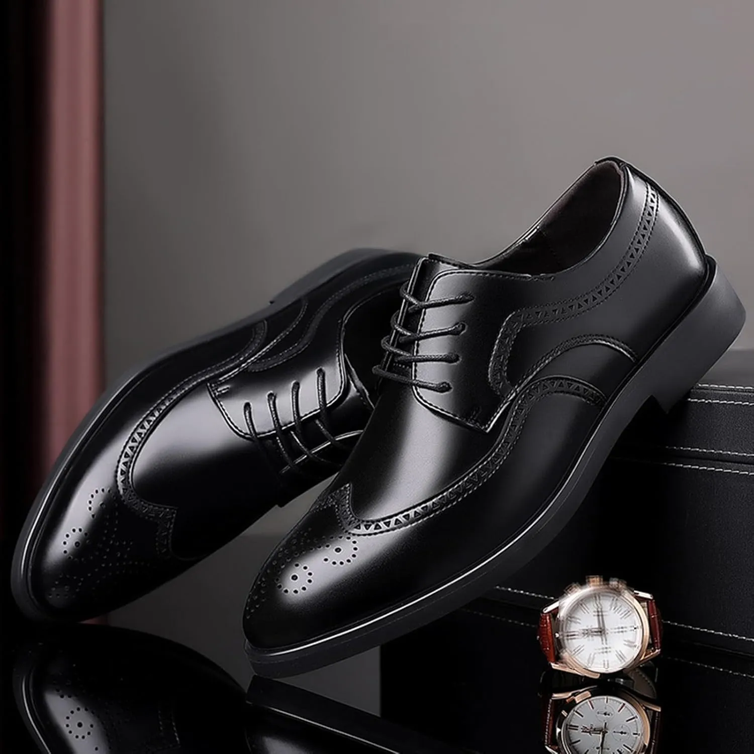 Mens Lace-Up Shoes, Pointed Toe Large Size Brogues Leather Shoes Business Casual Derbys Shoes Low Top Office Work Dress Shoes Wedding Loafers