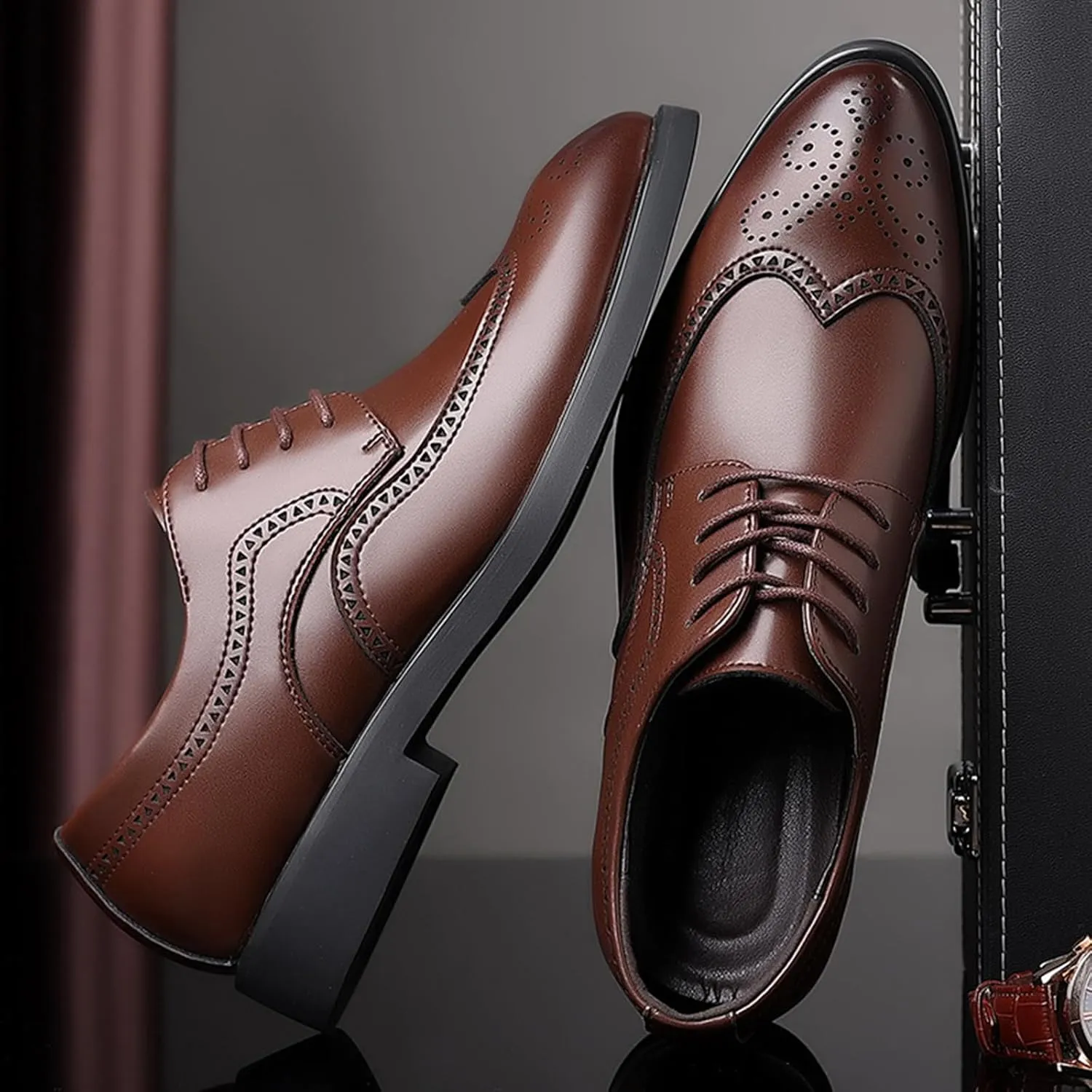 Mens Lace-Up Shoes, Pointed Toe Large Size Brogues Leather Shoes Business Casual Derbys Shoes Low Top Office Work Dress Shoes Wedding Loafers