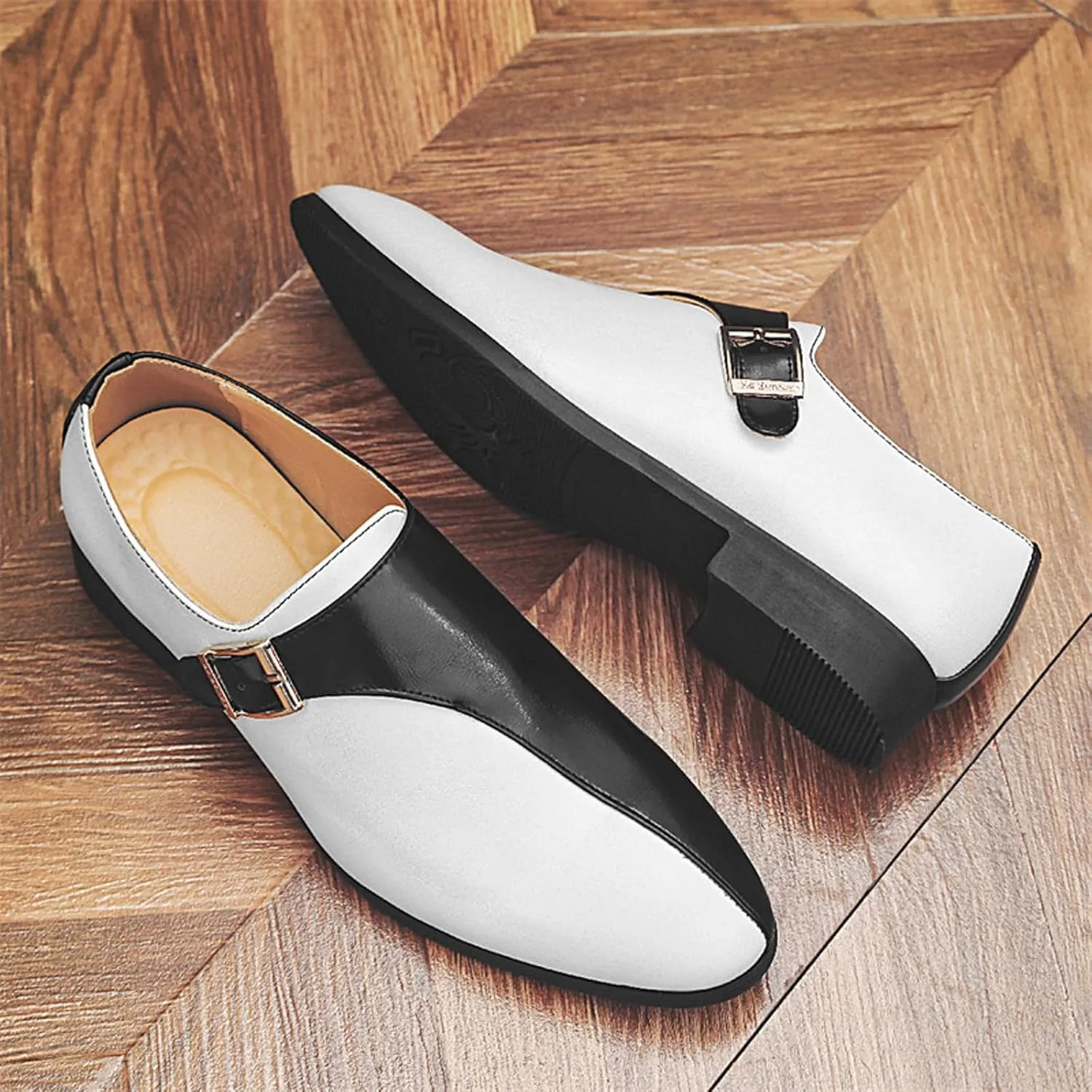 Men's Leather Buckle Monk Strap Low Heel Dress Loafers Fashion Comfortable Pointed Toe Slip On Business Casual Formal Leather Shoes for Tuxedo Prom Wedding Driving