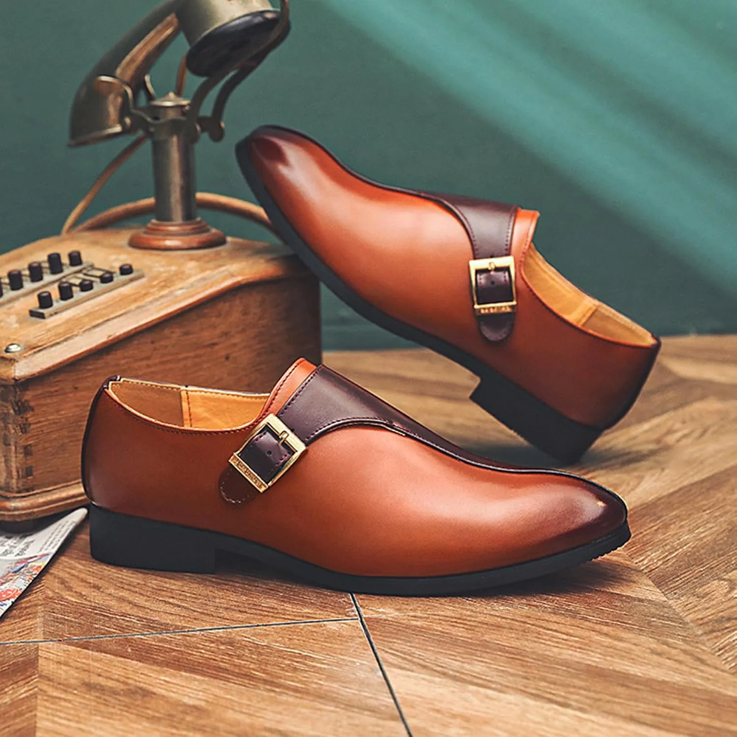 Men's Leather Buckle Monk Strap Low Heel Dress Loafers Fashion Comfortable Pointed Toe Slip On Business Casual Formal Leather Shoes for Tuxedo Prom Wedding Driving
