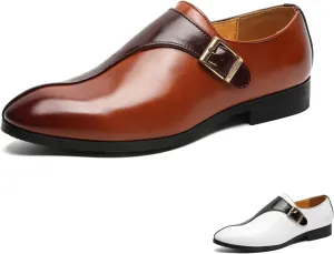 Men's Leather Buckle Monk Strap Low Heel Dress Loafers Fashion Comfortable Pointed Toe Slip On Business Casual Formal Leather Shoes for Tuxedo Prom Wedding Driving
