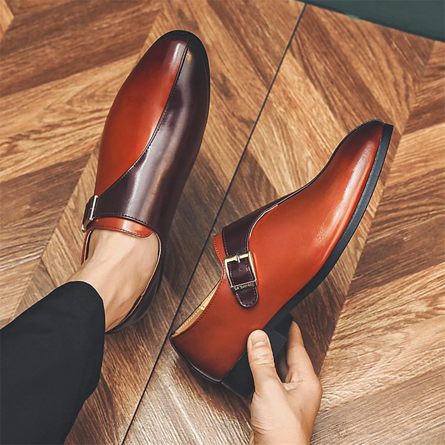 Men's Leather Buckle Monk Strap Low Heel Dress Loafers Fashion Comfortable Pointed Toe Slip On Business Casual Formal Leather Shoes for Tuxedo Prom Wedding Driving