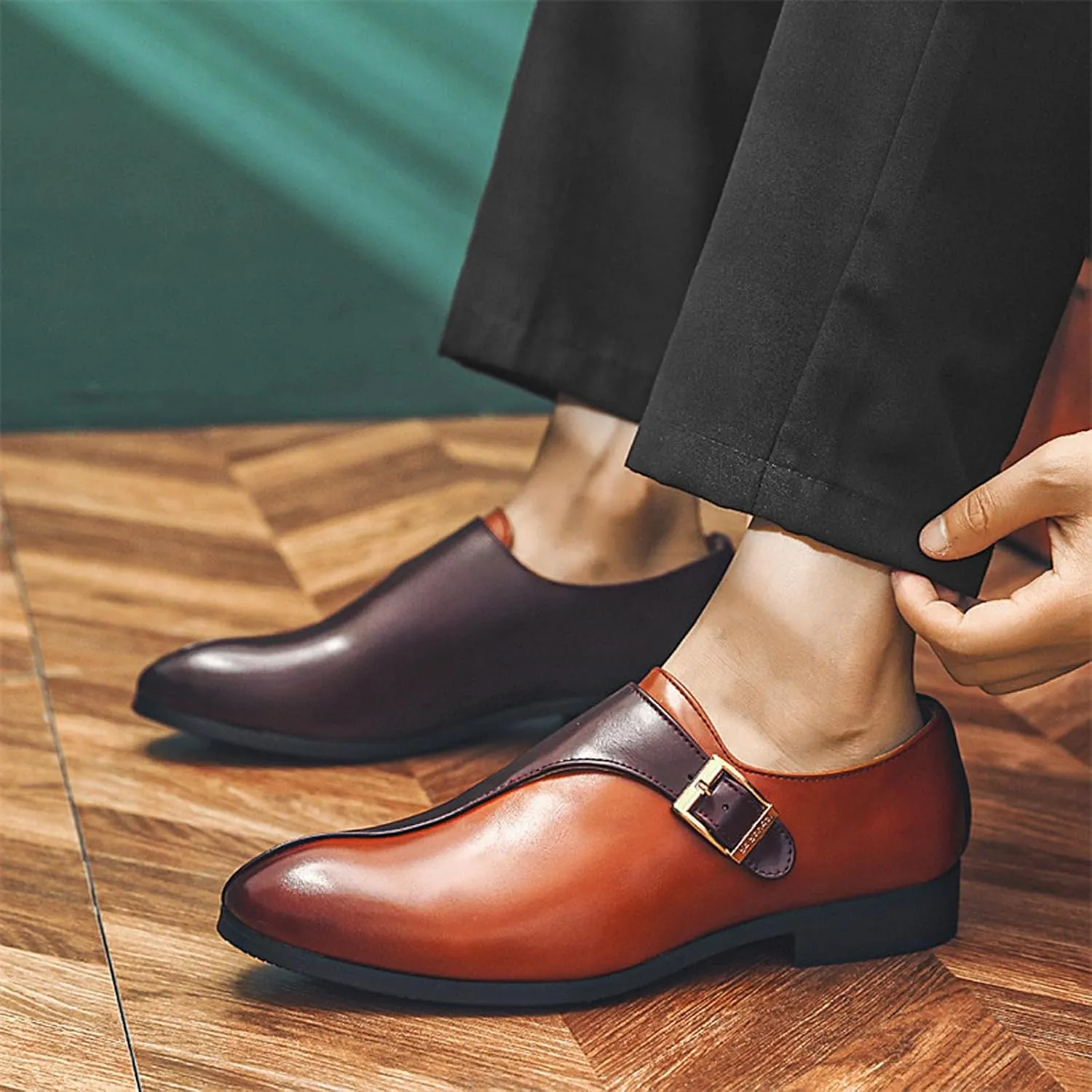 Men's Leather Buckle Monk Strap Low Heel Dress Loafers Fashion Comfortable Pointed Toe Slip On Business Casual Formal Leather Shoes for Tuxedo Prom Wedding Driving