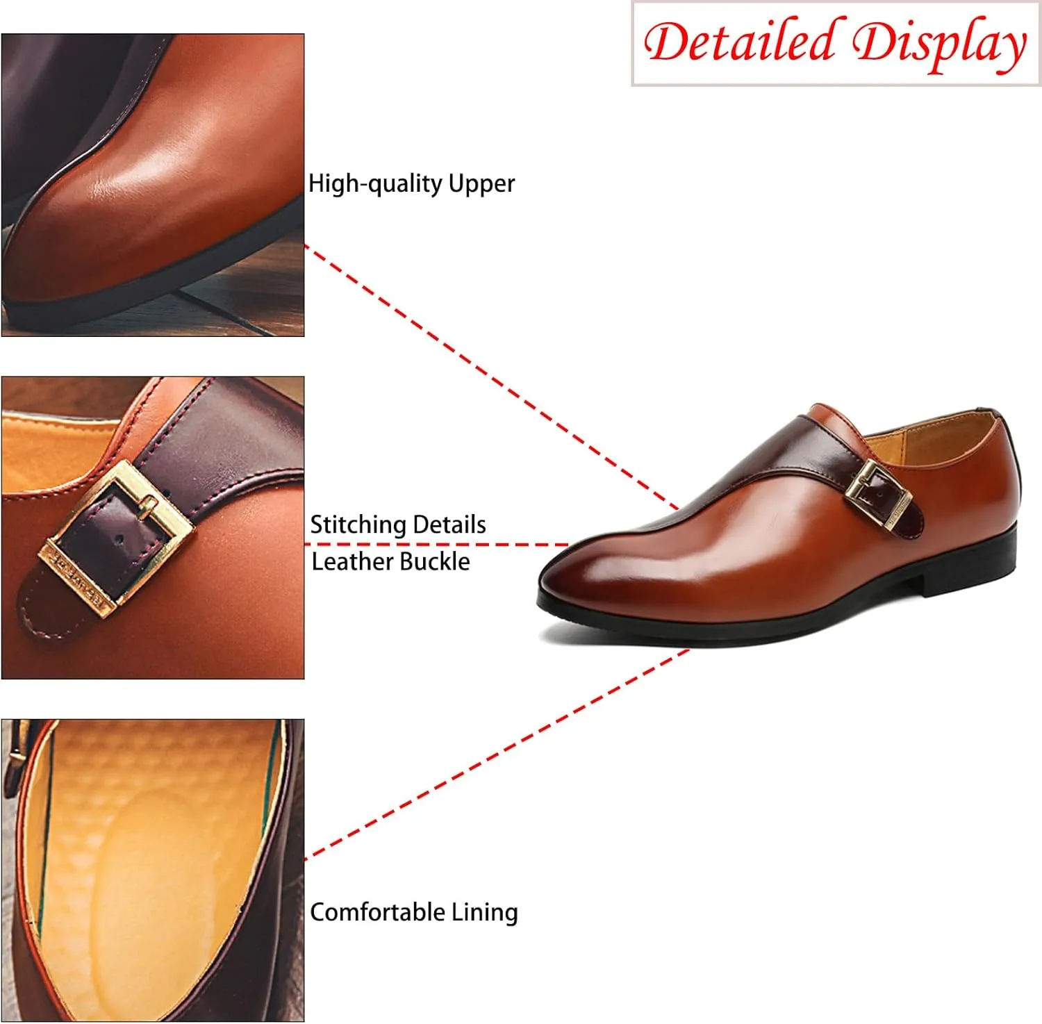 Men's Leather Buckle Monk Strap Low Heel Dress Loafers Fashion Comfortable Pointed Toe Slip On Business Casual Formal Leather Shoes for Tuxedo Prom Wedding Driving