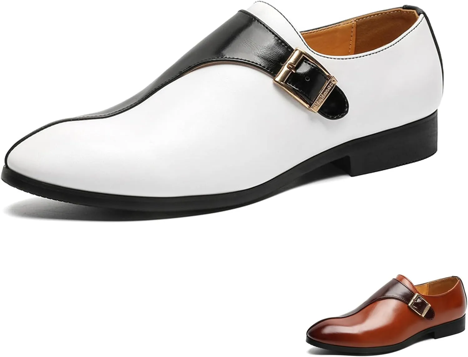 Men's Leather Buckle Monk Strap Low Heel Dress Loafers Fashion Comfortable Pointed Toe Slip On Business Casual Formal Leather Shoes for Tuxedo Prom Wedding Driving