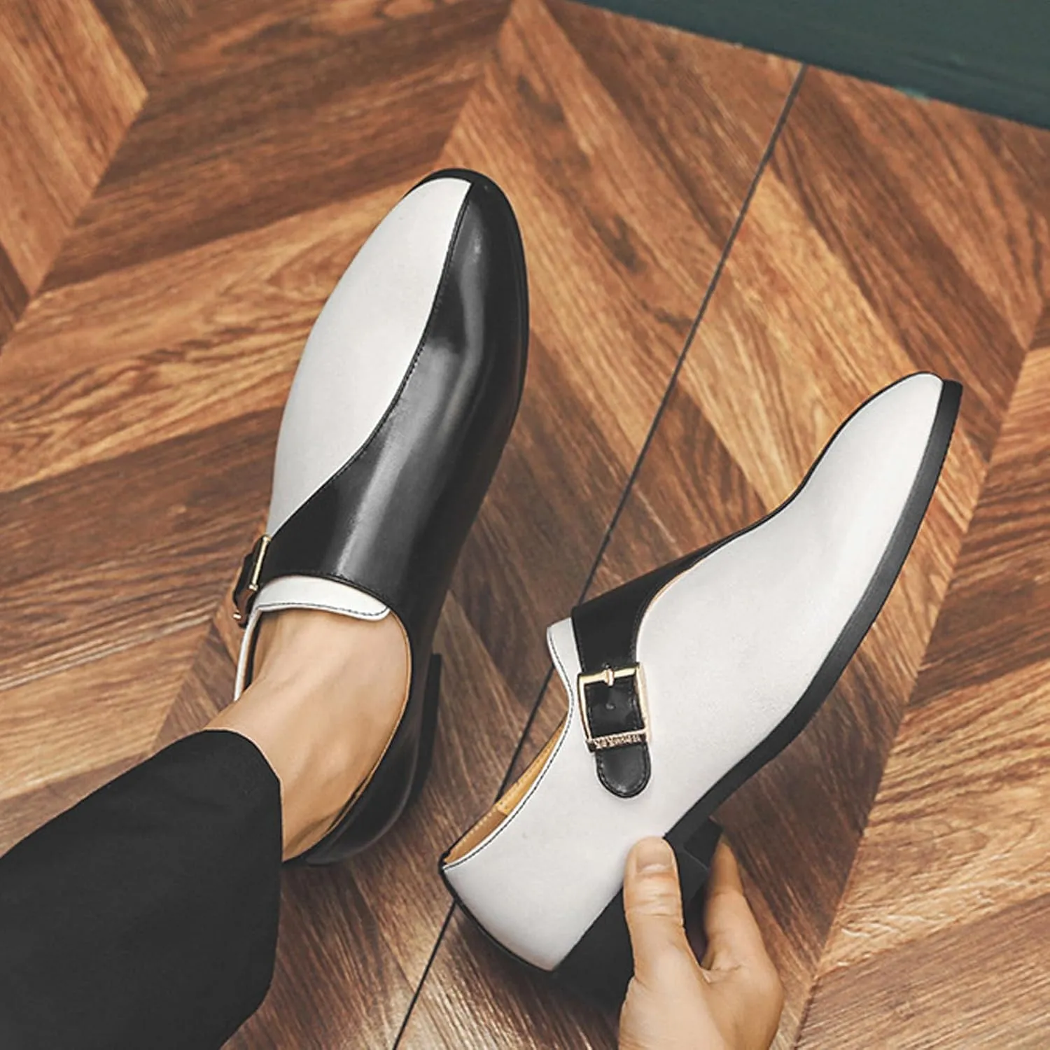Men's Leather Buckle Monk Strap Low Heel Dress Loafers Fashion Comfortable Pointed Toe Slip On Business Casual Formal Leather Shoes for Tuxedo Prom Wedding Driving