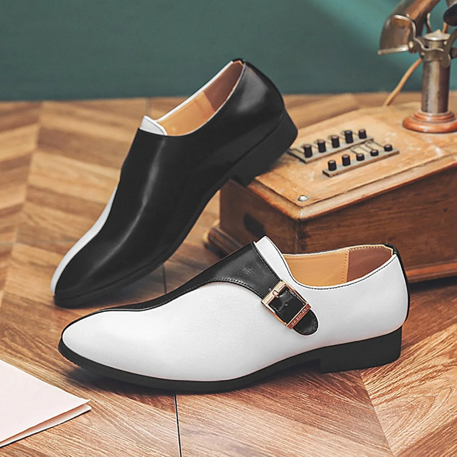 Men's Leather Buckle Monk Strap Low Heel Dress Loafers Fashion Comfortable Pointed Toe Slip On Business Casual Formal Leather Shoes for Tuxedo Prom Wedding Driving