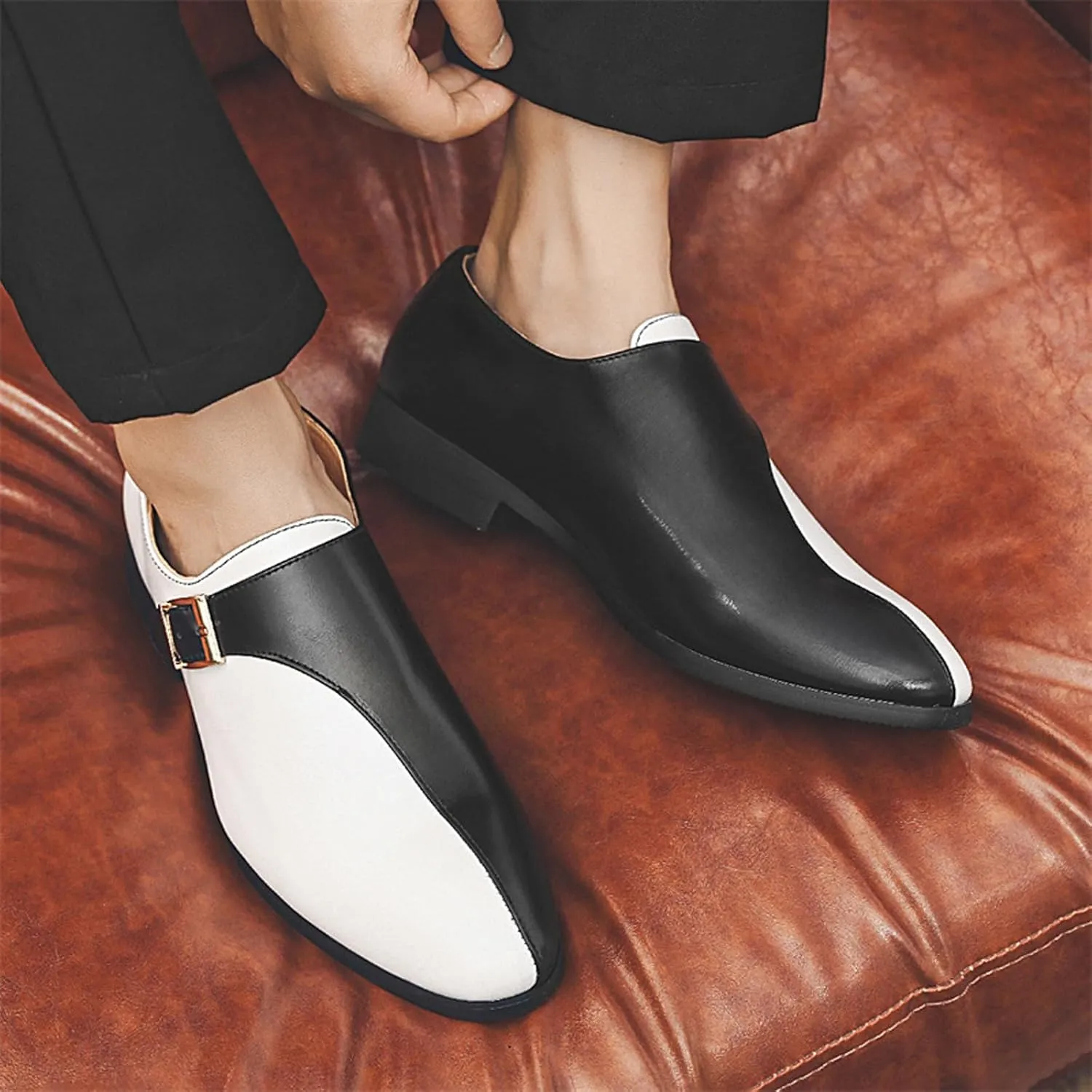 Men's Leather Buckle Monk Strap Low Heel Dress Loafers Fashion Comfortable Pointed Toe Slip On Business Casual Formal Leather Shoes for Tuxedo Prom Wedding Driving