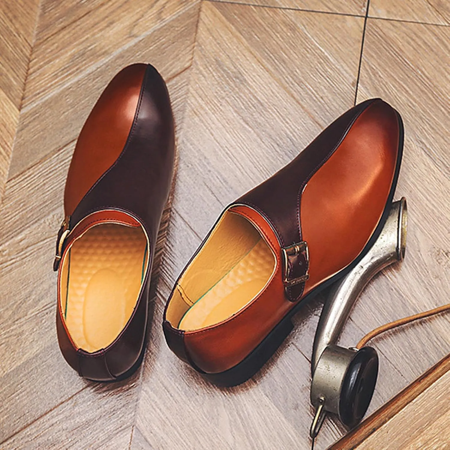 Men's Leather Buckle Monk Strap Low Heel Dress Loafers Fashion Comfortable Pointed Toe Slip On Business Casual Formal Leather Shoes for Tuxedo Prom Wedding Driving