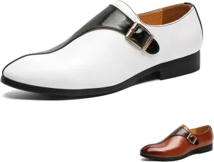 Men's Leather Buckle Monk Strap Low Heel Dress Loafers Fashion Comfortable Pointed Toe Slip On Business Casual Formal Leather Shoes for Tuxedo Prom Wedding Driving