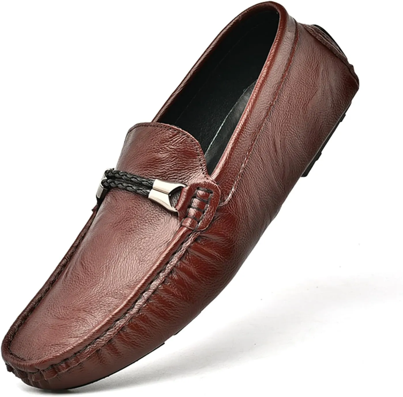 Mens Leather Loafers Business Casual Dress Shoes Comfortable Round Toe Walking Flat Shoes Breathable Slip On Driving Boat Shoes for Men