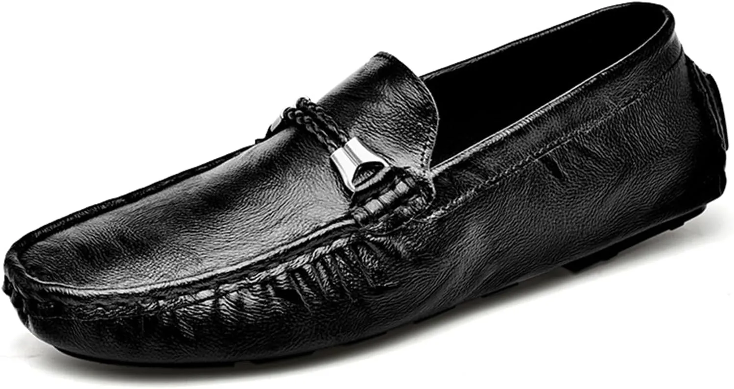 Men's Leather Loafers Business Casual Dress Shoes Comfortable Round Toe Walking Flat Shoes Breathable Slip On Driving Boat Shoes for Men
