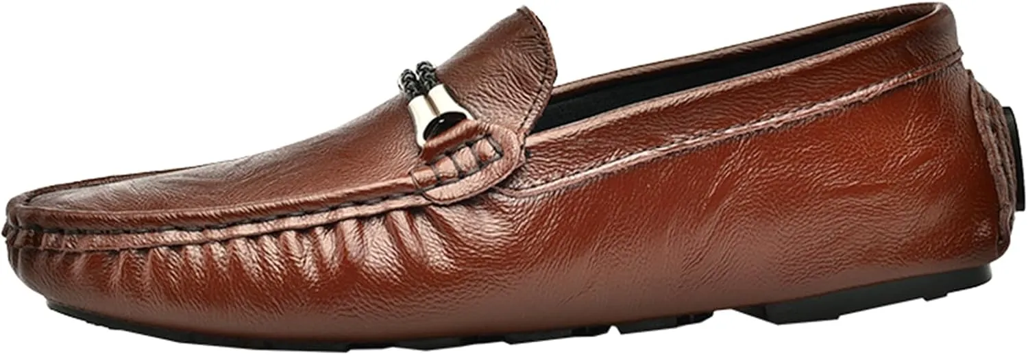Mens Leather Loafers Business Casual Dress Shoes Comfortable Round Toe Walking Flat Shoes Breathable Slip On Driving Boat Shoes for Men