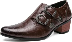 Men's Leather Pointed Dual Monk Straps Loafers Slip-on Waterproof Arch Support Oxford Formal Business Casual Comfortable Dress Shoes