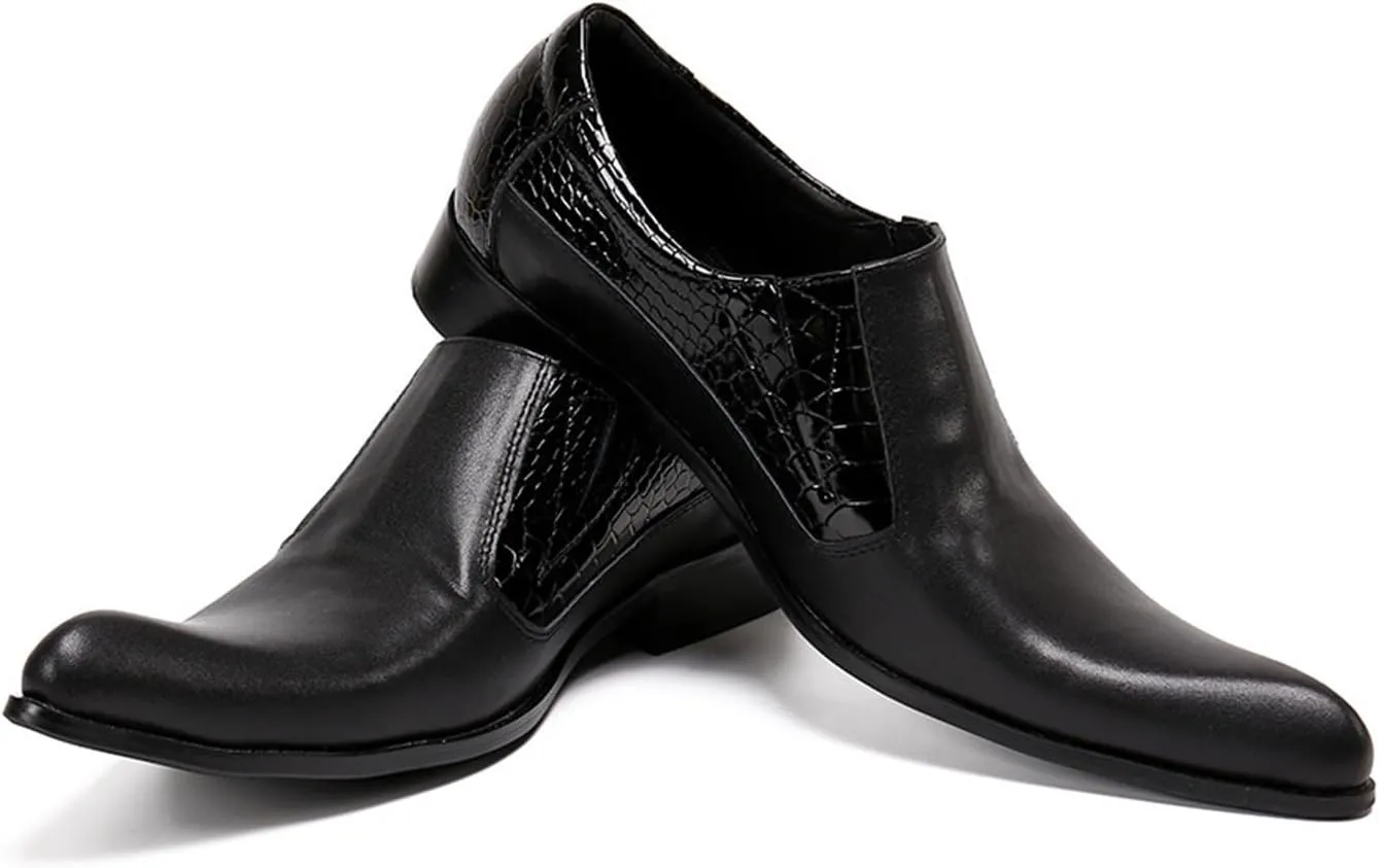 Mens Leather Shoes, Dress Cowhide Shoes Genuine Leather Large Size Low Top Pointed Toe Slip-Ons, Breathable Comfortable Casual Suit Shoes