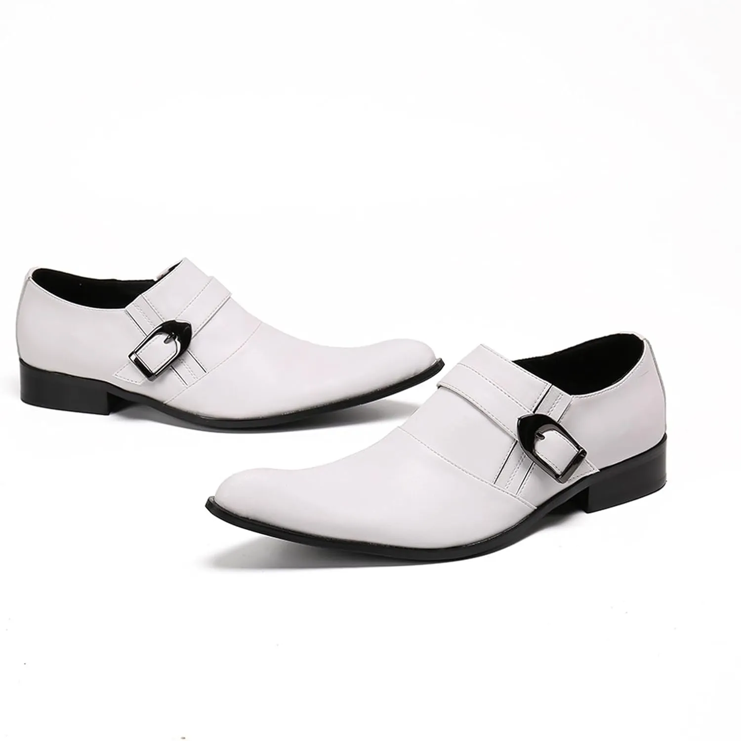 Mens Leather Shoes, White Dress Cowhide Shoes Genuine Leather Large Size Low Top Pointed Toe Slip-Ons, Breathable Suit Shoes Casual Shoes